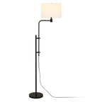 Height Adjustable Floor Lamp With Elongated Fabric Shade In Brushed Nickel Finish, Mid Century Industrial Vibe, full view
