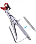 Heavy Duty Airless Paint Spray Gun With Reversible 517 Tip And Locking Tip Guard 3600 PSI Max Pressure, silver finish and ergonomic grip.