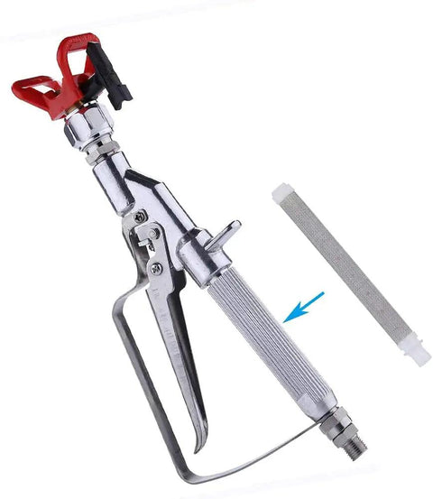 Heavy Duty Airless Paint Spray Gun With Reversible 517 Tip And Locking Tip Guard 3600 PSI Max Pressure, silver finish and ergonomic grip.