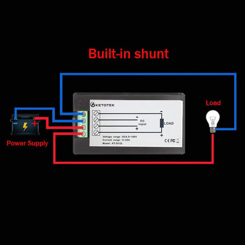 Wiring diagram for 4 In 1 DC Ammeter Voltmeter Watt Meter Panel Digital Display For Car Motorcycle And Solar Systems 12V DC 6.5 To 100V 0 To 20A Energy Power Usage Monitor With LCD Readout.