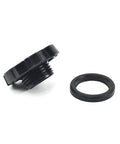 Oil Filler Cap 12180-22011 Replacement For Tundra Tacoma And 4Runner Durable Easy Fit Oil Cap With Leak Proof Seal Precision Match No Tools Needed No Fuss in black plastic with a rubber seal ring, showcasing a side view of the cap and ring separately on a white background.
