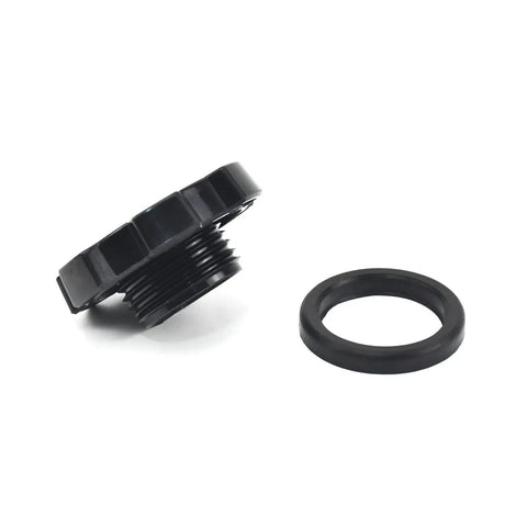Oil Filler Cap 12180-22011 Replacement For Tundra Tacoma And 4Runner Durable Easy Fit Oil Cap With Leak Proof Seal Precision Match No Tools Needed No Fuss in black plastic with a rubber seal ring, showcasing a side view of the cap and ring separately on a white background.