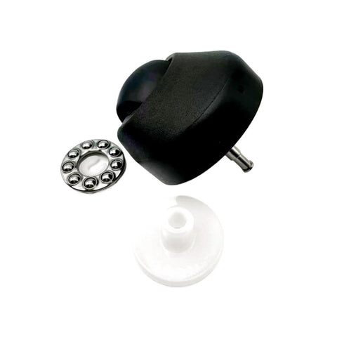 Three-part front caster wheel assembly for ECOVACS robot vacuum; black housing, metal axle, bearing ring