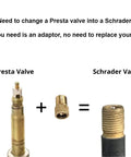 Illustration of converting a Presta valve to a Schrader valve using a brass adapter from Brass Presta To Schrader Valve Adapter Set For Bikes, 5 Pack.
