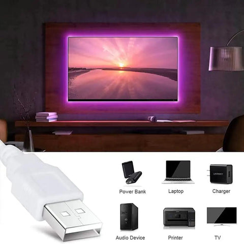 8.2ft USB TV Backlight LED Strip Lights For 32 To 58 Inch TVs, 4096 Color DIY Mood Light highlighting TV setup on wall with USB devices