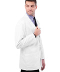 Mens Snap Front Lab Coat In Crisp White With Breezy Stretch Fabric For Nurses Doctors And Med Students, Side View, 31 back length.