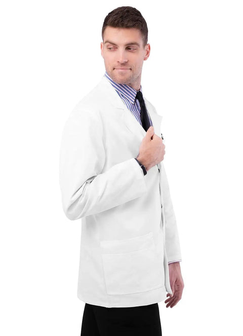 Mens Snap Front Lab Coat In Crisp White With Breezy Stretch Fabric For Nurses Doctors And Med Students, Side View, 31 back length.