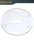 Six Point Five Inch Universal Router Base Plate With Centering Pin Cone And Pre Drilled Mounting Holes, clear acrylic view from the top.