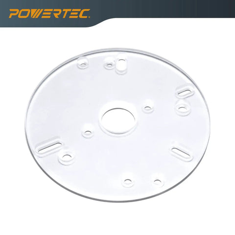 Six Point Five Inch Universal Router Base Plate With Centering Pin Cone And Pre Drilled Mounting Holes, clear acrylic view from the top.