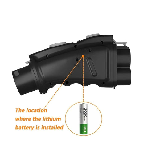 Close-up of Road Trip Ready Slick CCS1 to GBT Adapter showing battery installation point for Tesla and BYD electric vehicles.