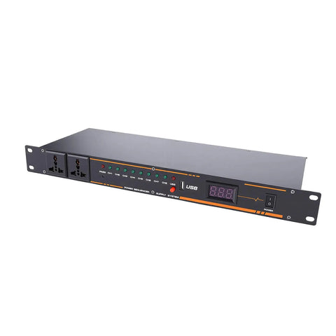 Straight Up Workhorse Power Sequencer With Ten Secure Outlets And Clear Digital Voltage Display Built From Heavy Duty Aluminum Alloy For Zero Hassle Rack Installation, front view.