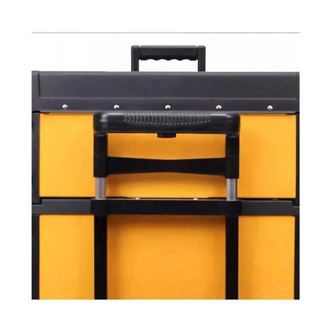 Front view of Portable Tool Box With Wheels For Home And Outdoor Use Three Layer Workhorse Storage Box With Drawers Pull Rod Style