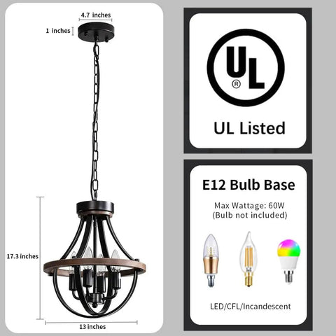 Cozy Farmhouse Style 4 Light Chandelier For Hallway Foyer Dining Room Kitchen Island And Entryway Modern Hanging Pendant Lighting With Rustic Vintage Charm UL Listed Safety And Easy Install, dimensions 17.3x13 inches, E12 bulb base.