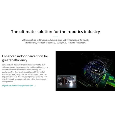 Mid-360 LiDAR Sensor With 10 Cm Minimum Detection Range For Self-Driving Robots product demo with visuals and text