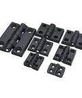 Heavy Duty Nylon Butt Hinges For Electric Cabinets Slick Screw Mount Design, set of nine sizes, black hinges displayed.