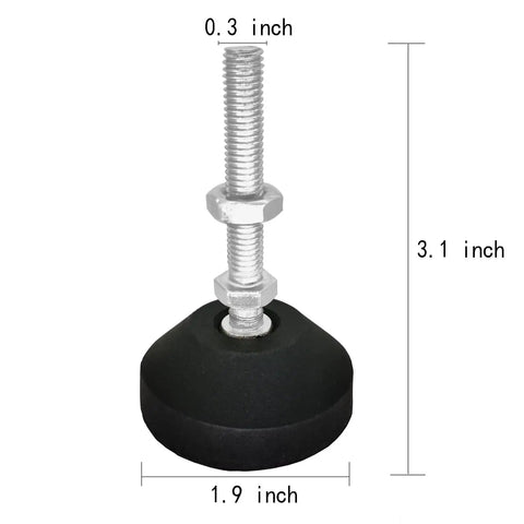 Adjustable Threaded Pole Leveling Feet For Furniture Glide with M8x50mm thread and rubber base, shown with measurements in black and silver tone