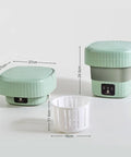 Portable 6L Mini Washing Machine With Foldable Design And Drain Valve for apartments and travel, shown in compact and expanded forms.