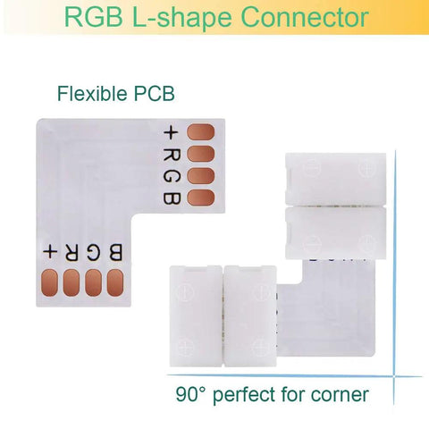 4 Pin LED Strip Connector Kit For 5050 RGB 10mm Light Strips Not RGBIC With Eight Solderless Accessories showing L-shape connector