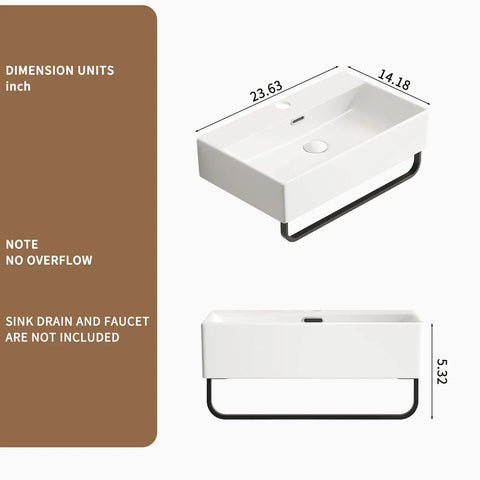 HAOCHRYSYPH Ceramic Wall Mount Sink with Towel Rack, Milk White, 23.63 in. dimensions and features displayed with measurements.