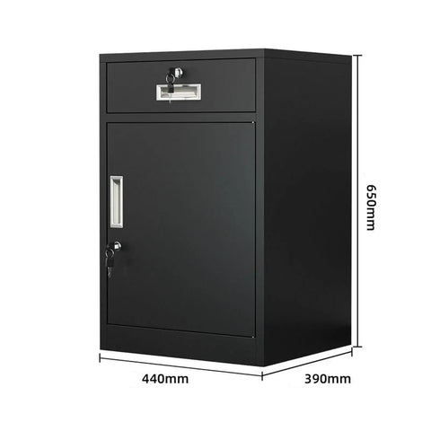 Lockable Metal Filing Cabinet For Home Office Storage In Modern White With Adjustable Shelves And Black Drawers, side view