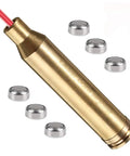 Red Dot Laser Bore Sight For 7MM Rem Mag Rifles With Battery Pack, Quick Scope Alignment Tool shown with included batteries