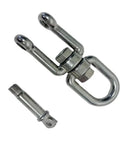 Heavy Duty 3/8 Inch Stainless Steel 316 Jaw And Eye Swivel shown with a connecting pin for marine docking and towing applications.