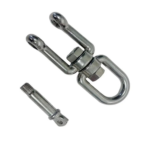 Heavy Duty 3/8 Inch Stainless Steel 316 Jaw And Eye Swivel shown with a connecting pin for marine docking and towing applications.