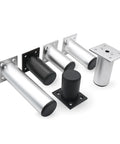 Aluminum Adjustable Furniture Legs 4 Pack, Heavy Duty TV Stand Cabinet Feet, Thickened, 6 To 15 Cm Height, shown in silver and black.