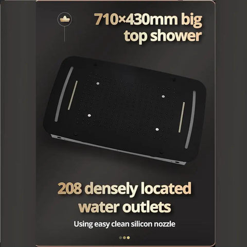 Game Changing 17 X 28 Inch Rainfall Waterfall Led Shower System With Handheld Sprayer And Seven Knob Valve For Six Smooth Custom Functions In Vintage Antique Brass top view with 208 water outlets.