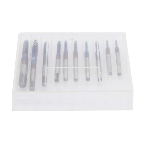 10Pc Tungsten Steel Screw Tap Set Straight Flute Machine Taps M1-M3.5 in clear case, ideal for threading wood, plastic, aluminum.