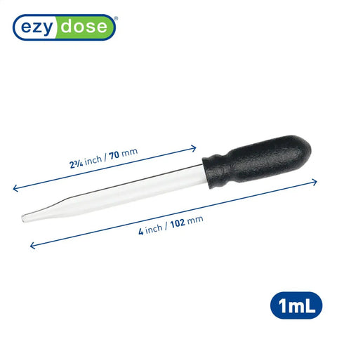 Straight Up Glass Medicine Droppers For Ear And Eye Care, 1 Milliliter Precision Pipettes, detailed view with size measurements.