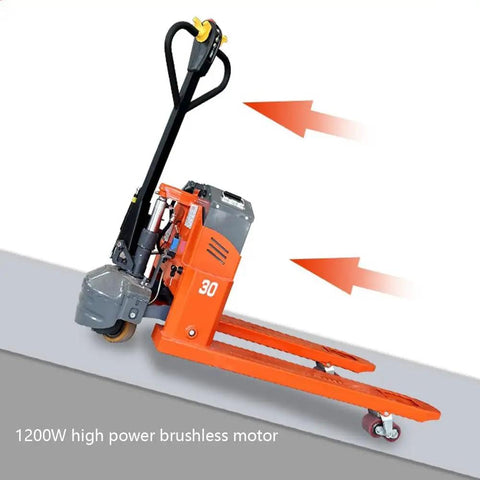 Heavy Duty Electric Pallet Jack With Full Power Lithium Battery For Smooth Indoor Load Hauling And Warehouse Moves Up To 6600 Lbs Capacity seen from side, showcasing control handle and wheels.