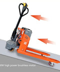Heavy Duty Electric Pallet Jack With 6600 Lb Capacity Pro Grade Full Lithium Battery Powered Pallet Truck showing 1200W motor and forks.