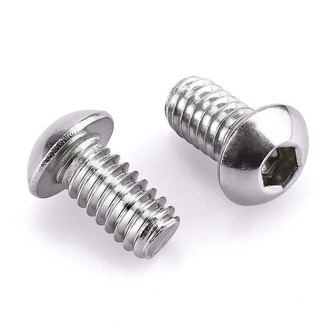 Two button head socket cap screws sized for 10-32 thread by half inch, made of stainless steel for bike mods and home projects.