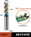 Three Eighths Inch Carbide Square End Mill For Aluminum With Three Flutes, Two And A Half Inch Overall Length, DLC Rainbow Coating