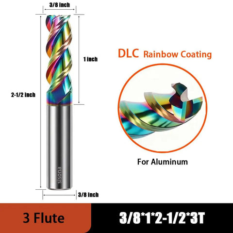 Three Eighths Inch Carbide Square End Mill For Aluminum With Three Flutes, Two And A Half Inch Overall Length, DLC Rainbow Coating