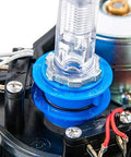 Front view of a blue valve actuator head with clear plunger and visible wiring on a control valve.