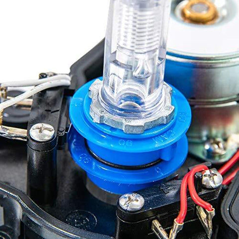 Front view of a blue valve actuator head with clear plunger and visible wiring on a control valve.