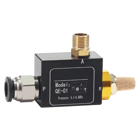 Solid QE 04 Pneumatic Air Quick Exhaust Valve Made From Durable Aluminum, showing brass fittings and foam filter.