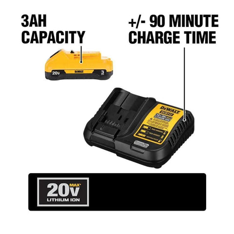 20V Max Battery Pack With Charger 3Ah Long Run Time Fuel Gauge LEDs No Memory Virtually No Self Discharge Durable Power For All Your 20V Tools For Pro Grade Performance All Day, showing 3Ah capacity and 90-minute charge time.