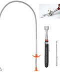 3-pack pickup tool set: extendable magnetic gooseneck with 4-claw grabber; long curved magnet and black-handled tool.
