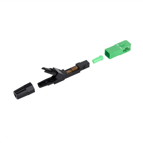 Fiber optic fast connector, black inline body with orange fiber and green SC/APC housing.