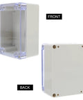 Sturdy Waterproof Plastic Project Enclosure Box With Cover shows front and back views, ideal for protecting electrical junctions outdoors.