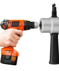 Hand holding drill with Double Head 360 Degree Metal Nibbler Cutter For Cutting Plastic And Metal Sheets attached, side view