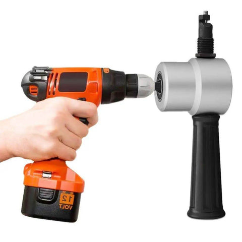 Hand holding drill with Double Head 360 Degree Metal Nibbler Cutter For Cutting Plastic And Metal Sheets attached, side view