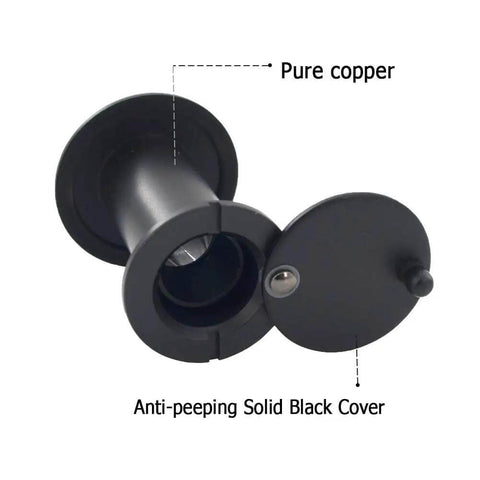 Ultra HD Door Peephole Viewer Built Tough In Solid Brass With Heavy Duty Rotating Privacy Cover, Black, shown with labels for components
