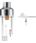 Inline Airbrush Filter With Five Micron Water Moisture Trap And Oil Separator With One Eighth Inch Threads For Moisture Free Airbrush Projects And Spring Loaded Drain Valve System, showing side view of silver filter with threads.