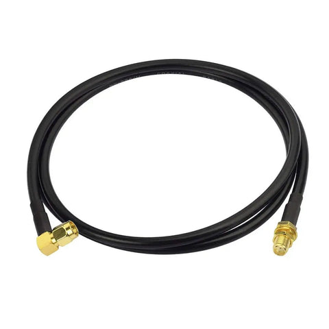 Ham Radio Antenna Extension Relocation Cable With SMA Male Right Angle To Female RG58 Coaxial Cable 1m coiled on white background