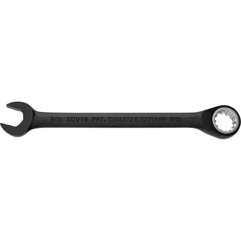 Black Chrome Combo Reversible Ratchet Wrench Nine Sixteenth Inch Spline Tool For Auto And Home Projects on white background
