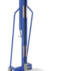 Heavy Duty Blue Manual Work Positioner Stand Built Different Featuring Slick Adjustable Height Hand Winch And Auto Brake Control For 220 Lb Project Builds showing blue frame with white platform and wheels.